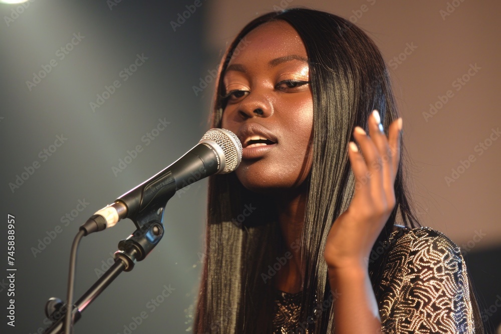 Soulful African American singer gesturing with hand while performing, the spotlight casting a warm glow Soulful African American singer gesturing with hand while performing, the spotlight casting a warm glow