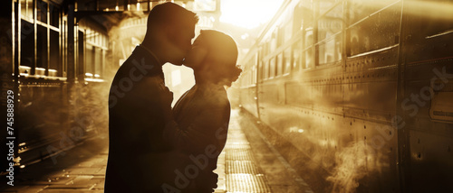 Romantic silhouette of couple kissing at train station.