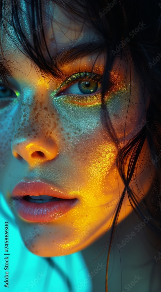 Portrait of a young woman with striking features illuminated by vibrant blue and orange light, showcasing her playful expression and natural freckles in a creative and artistic setting Portrait of a young woman with striking features illuminated by vibrant blue and orange light, showcasing her playful expression and natural freckles in a creative and artistic setting