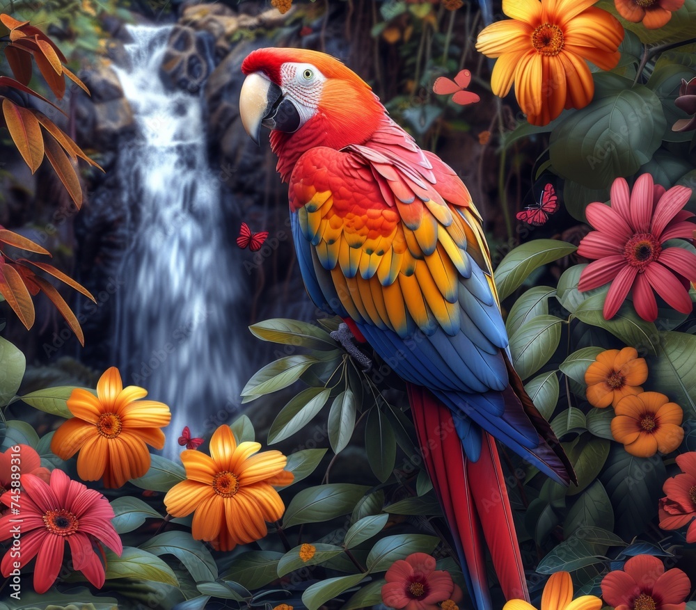 Obraz premium Scarlet macaw, amazon jungle plants and flowers, object 3D, vibrant colors, seamless style, waterfall in background 