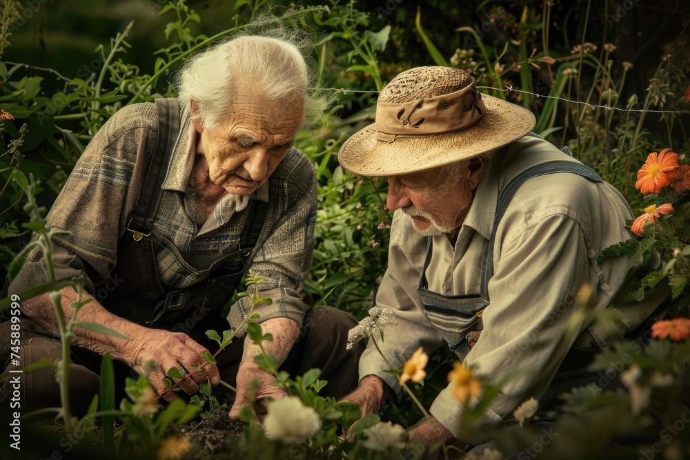 Elderly Couple Tending to Garden Plants with Care and Devotion in a Serene Oasis
