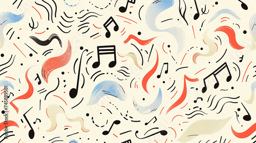 Musical notes and symbols arranged in a harmonious and rhythmic line art pattern.
