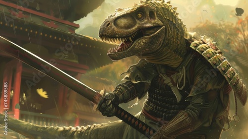A saurian creature expertly wielding a katana as a dinosaur samurai would photo