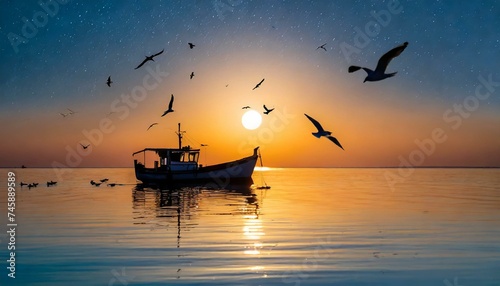 Une silhouette de bateau flotte sur une mer calme et des mouettes volent sur un ciel étoilé photo