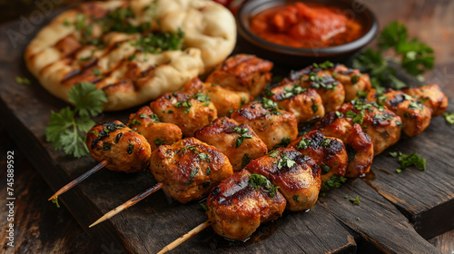 Grilled chicken skewers with fresh herbs and flatbread. Delicious chargrilled chicken skewers served with pita bread and a side of tomato sauce photo