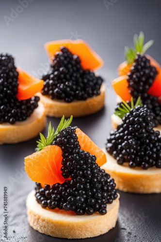Canapes with Salmon, Cream Cheese, and Black Caviar
