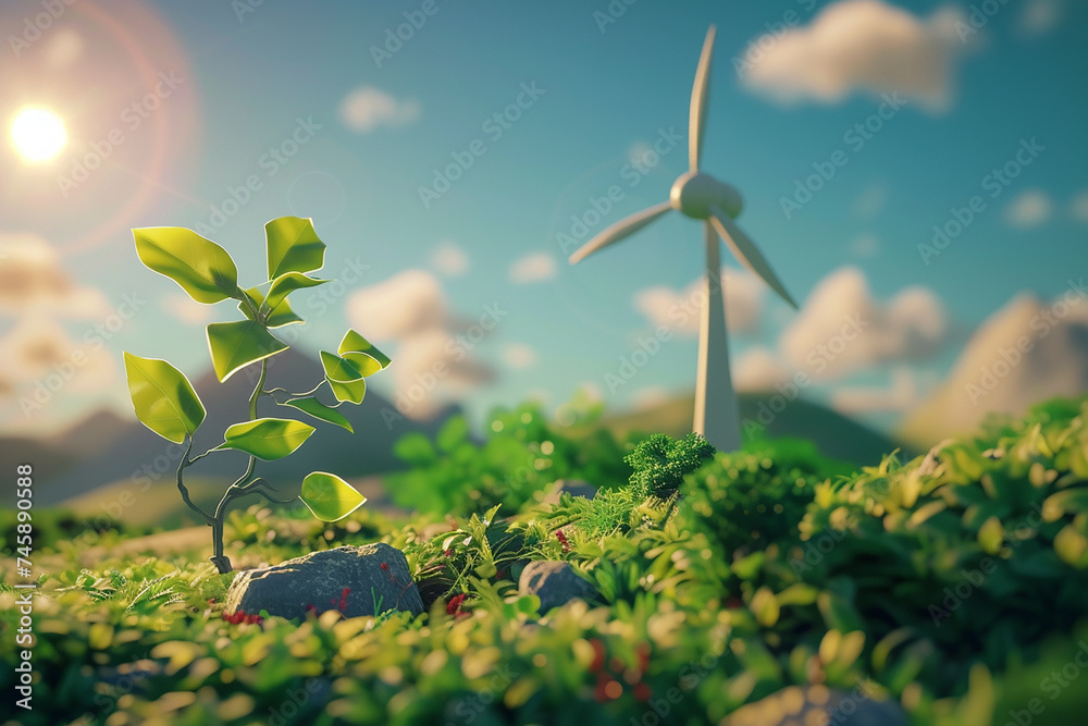 Fototapeta premium A wind turbine rises from a green field, its blades reaching towards the blue sky