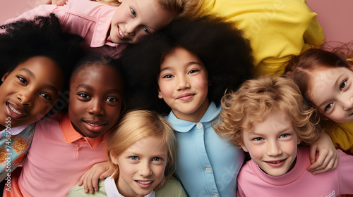 Diverse group of small children from various ethnicities looking into the camera, wearing colorful clothes against a vibrant wall backdrop