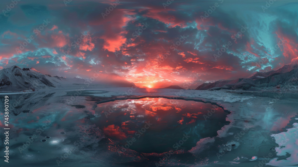 A beautiful sunset displaying water in the ice pond next to a volcanic field and dark clouds.
