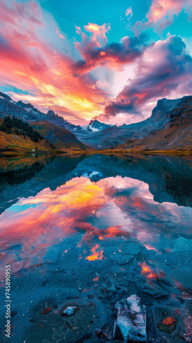 A colorful sky is reflected in a blue lake.