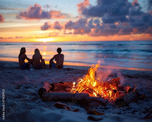 Group of people gathers around a crackling campfire on the sandy shore of a beautiful beach. It's a summer evening, and the sun is setting