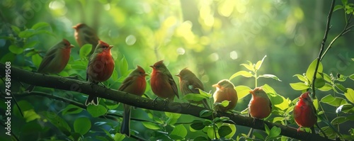 Lush foliage of the forest, a colorful array of birds flit and flutter among the branches. Their vibrant plumage catches the sunlight