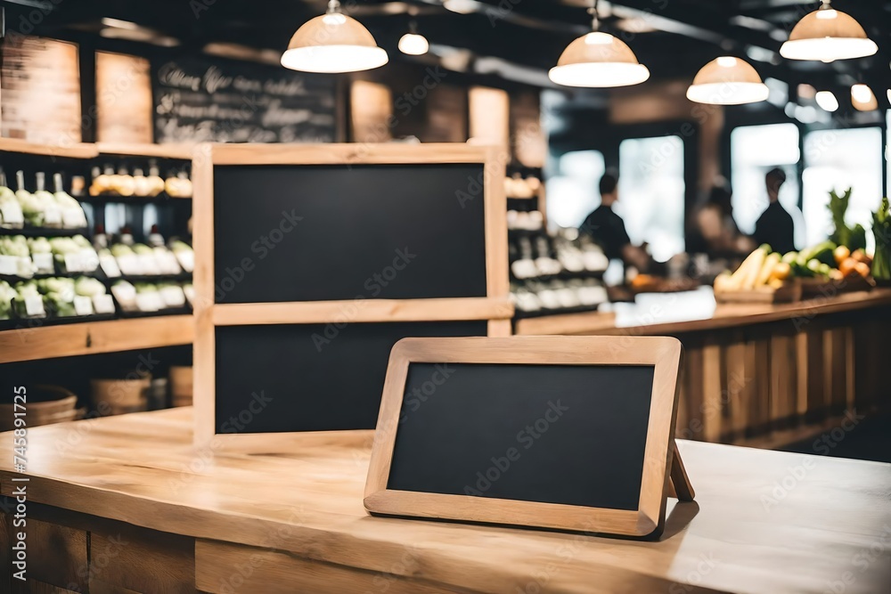 blank blackboard menu on wooden counter inside a coffee shop or organice grocery store - obrazy, fototapety, plakaty 