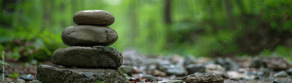 Serene embrace of nature, stones find their balance, forming intricate stacks that symbolize harmony and tranquility. Each pebble carefully placed Serene embrace of nature, stones find their balance, forming intricate stacks that symbolize harmony and tranquility. Each pebble carefully placed