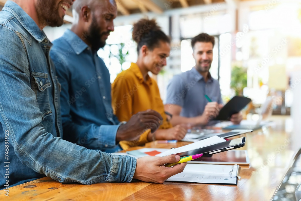Group of business people sitting at a table, focused on collaborating and working on a project together Group of business people sitting at a table, focused on collaborating and working on a project together