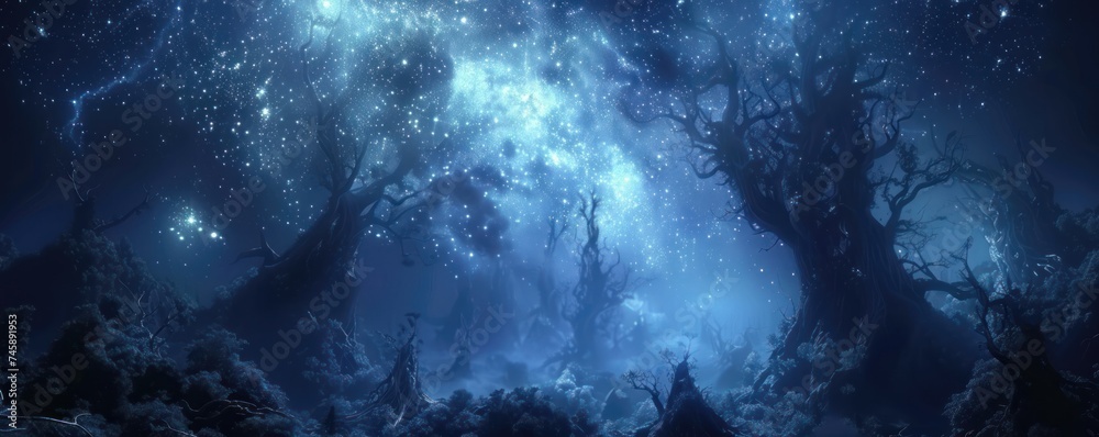 Obraz premium Embrace of night, the forest becomes a gateway to the cosmos, where the wonders of the universe unfold in all their celestial splendor