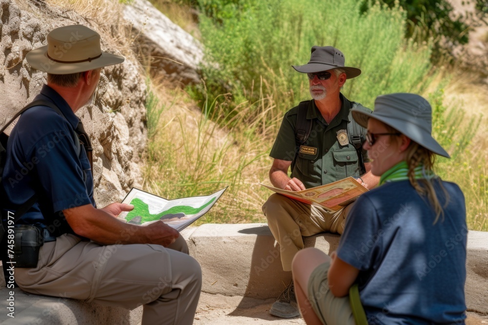 Group of park rangers and visitors discussing maps and local trails in a natural area during a sunny afternoon Group of park rangers and visitors discussing maps and local trails in a natural area during a sunny afternoon