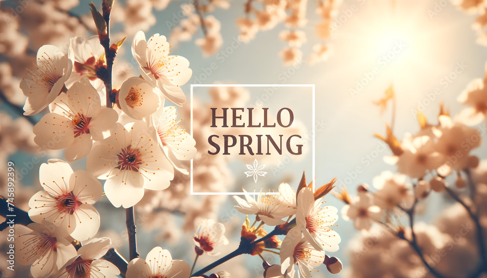 A generative AI illustration of white cherry blossoms blooming on tree branches, bathed in sunlight, with the words “HELLO SPRING” written on it. - obrazy, fototapety, plakaty 