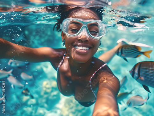 young girls wearing snorkeling.Summers Beach ocean