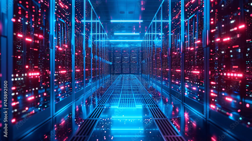 A high-tech data center with rows of servers and blinking lights.