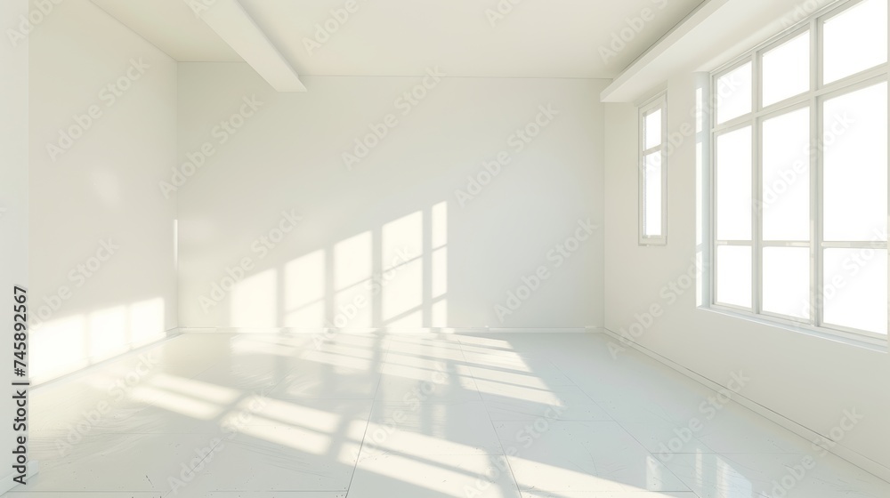 Modern bright interior,light white room and big window . 3D rendering