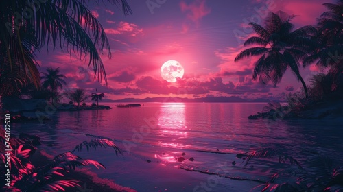3d tropical sunset with island and palm trees. Ocean and neon sun in synthwave and new retrowave aesthetics 80s 90s