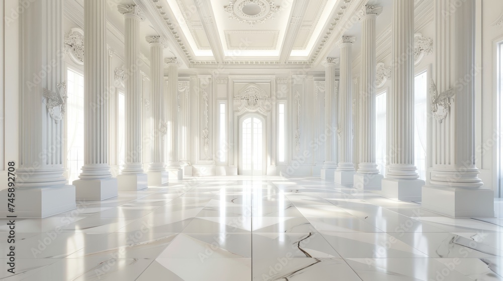 Corridor with roman pillars and bright light at the exit,white room, 3d rendered
