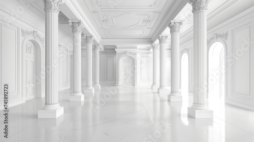 Fototapeta Naklejka Na Ścianę i Meble -  Corridor with roman pillars and bright light at the exit,white room, 3d rendered