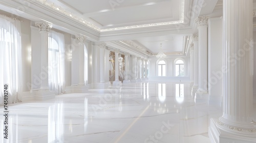 Corridor with roman pillars and bright light at the exit white room  3d rendered