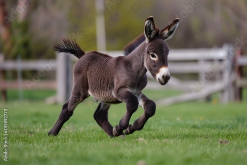  young donkey playfully running in a green open space 