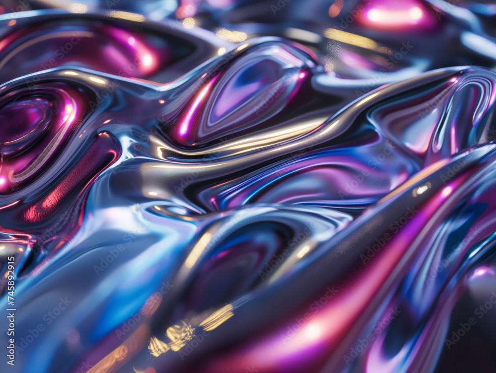 Glossy metallic waves texture with pink and blue hues, abstract wallpaper