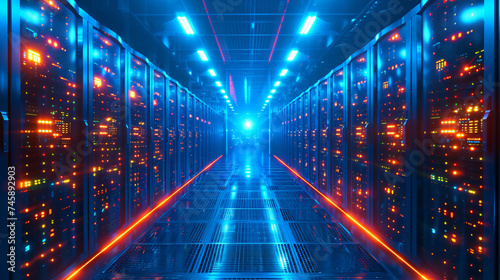 A high-tech data center with rows of servers and blinking lights.