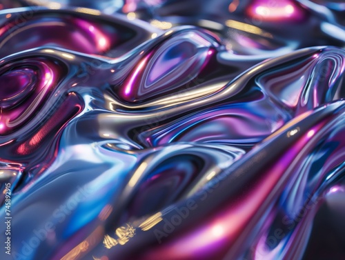 Glossy metallic waves texture with pink and blue hues, abstract wallpaper