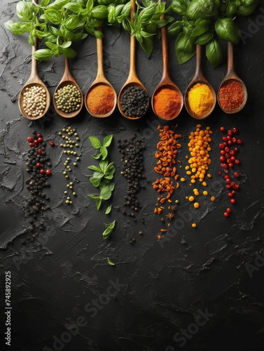 Spices and herbs . wooden spoons 