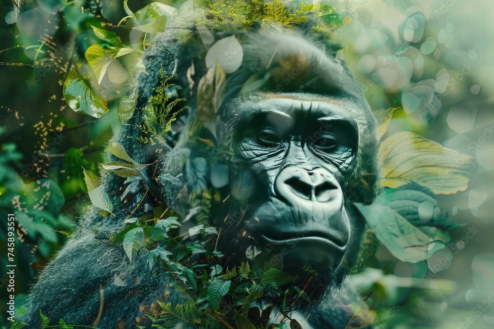 Obraz premium A gorilla overlaid with the lush greenery of a tropical rainforest in a double exposure 