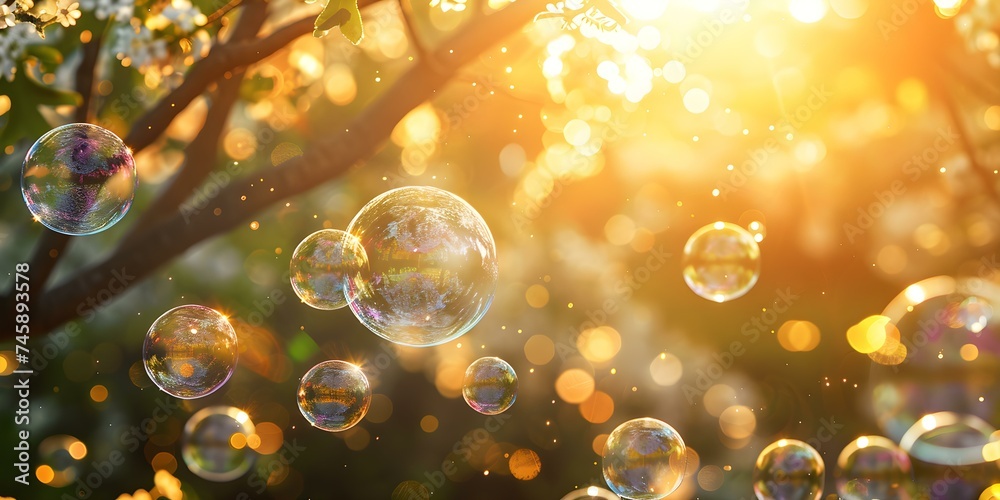 Glistening soap bubbles float in the sunlight creating a whimsical scene. Concept Soap bubbles, Sunlight, Whimsical, Glistening, Outdoor Scene