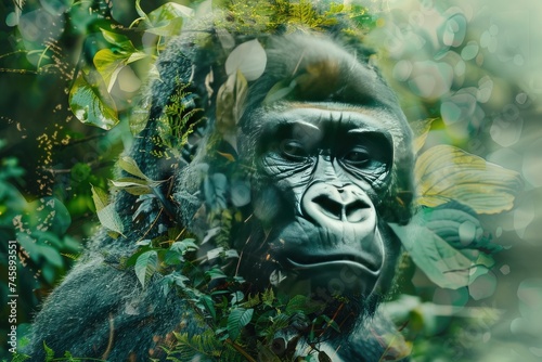 A gorilla overlaid with the lush greenery of a tropical rainforest in a double exposure 