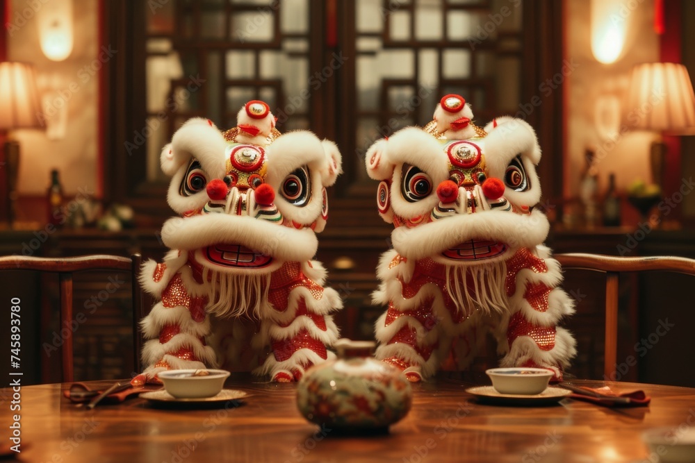 Fototapeta premium Celebratory lion dance performance in a traditional dining setting during a cultural festival in Asia