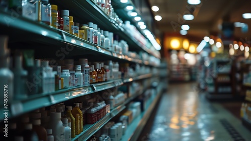 Pharmacy Shelves Stocked with Various Products