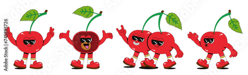 Cherry character in retro style. Vector set of cherry mascots with different emotions, arms and legs. Cute 70s aesthetic stickers.