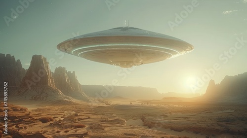 mysterious flying saucer navigates through the darkness with an otherworldly glow. This spacecraft, equipped with advanced alien technology