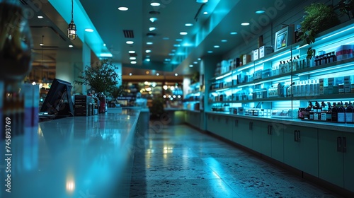 Modern Pharmacy Interior with Neon Lighting