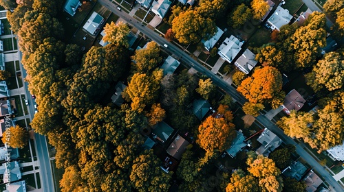 Aerial View of Suburban Neighborhood in Autumn