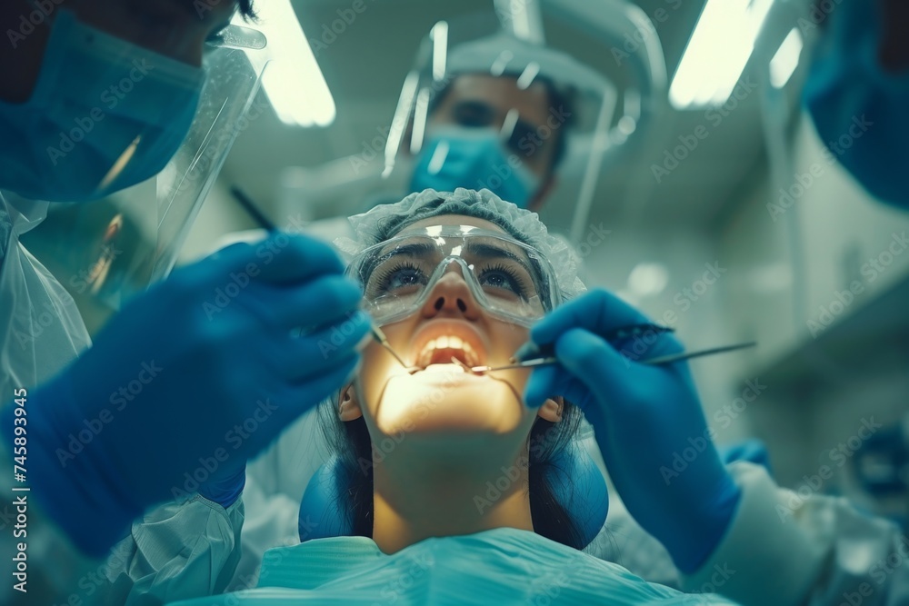 a man in protective wear dentist examine patient in dental room for tooth