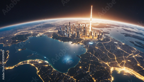 futuristic city planet abstarct sci-fi illusrtation background with glowing lines photo