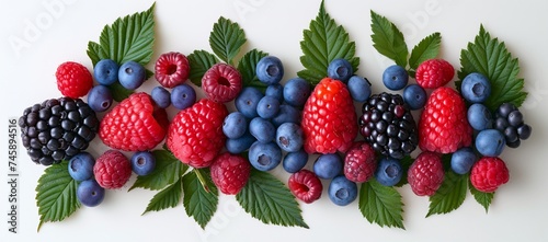 Top view of berries and leaves forming a beautiful pattern against a pure white backdrop, great for culinary themes