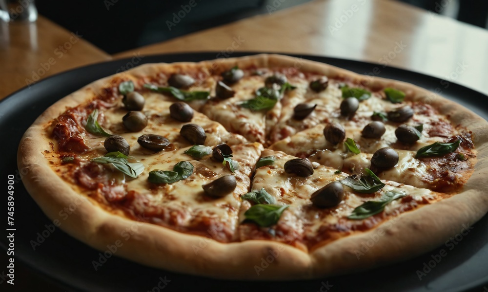 Fresh baked pizza on plate board and table, with colorful ingredients