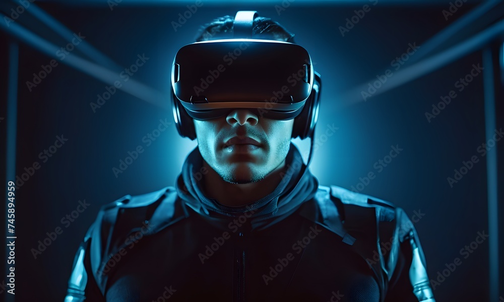 With a virtual interface mere inches from his face, a man in VR gear is deeply engrossed in the digital realm, surrounded by luminescent blue lines that shape the boundaries of his virtual world. AI