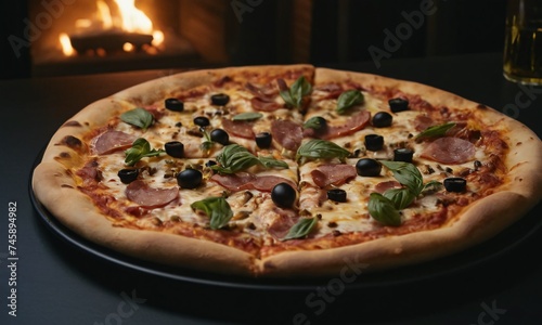 Fresh baked pizza on plate board and table, with colorful ingredients