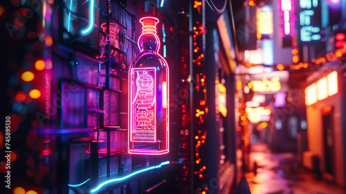Dreamlike vodka bottle neon sign amidst city lights.